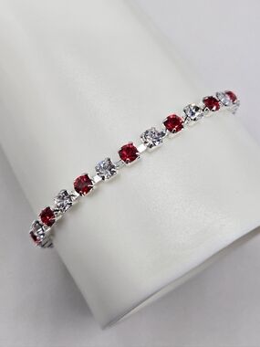 Swarovski Crystal Elements Silver Tennis Bracelet Ruby Red and Clear 7 inch Prom